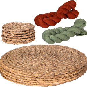 14 Pieces Round Woven Placemat Set - Set of 6 Placemats & 6 Coasters & 2 Table Runners, 13.4” Wicker Water Hyacinth Farmhouse Place Mats, Straw Braided Rattan Table Mats for Charger Plates, Rustic