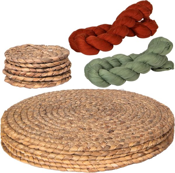 14 Pieces Round Woven Placemat Set - Set of 6 Placemats & 6 Coasters & 2 Table Runners, 13.4” Wicker Water Hyacinth Farmhouse Place Mats, Straw Braided Rattan Table Mats for Charger Plates, Rustic