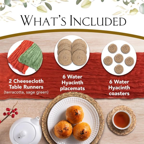 14 Pieces Round Woven Placemat Set - Set of 6 Placemats & 6 Coasters & 2 Table Runners, 13.4” Wicker Water Hyacinth Farmhouse Place Mats, Straw Braided Rattan Table Mats for Charger Plates, Rustic - Image 2