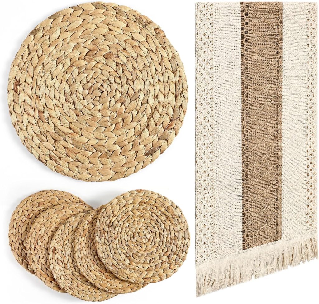 7 Pcs Boho Table Runner and Placemats Set Table Runner 11.8 Inch Round Woven Placemats, Braided Natural Water Hyacinth Place Mat Farmhouse Rustic Table Runner for Home Dining (12 x 72 Inch)