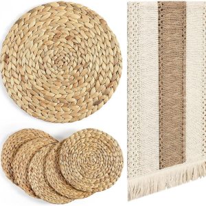 7 Pcs Boho Table Runner and Placemats Set Table Runner 11.8 Inch Round Woven Placemats, Braided Natural Water Hyacinth Place Mat Farmhouse Rustic Table Runner for Home Dining (12 x 72 Inch)
