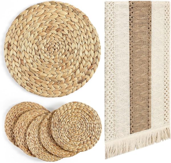 7 Pcs Boho Table Runner and Placemats Set Table Runner 11.8 Inch Round Woven Placemats, Braided Natural Water Hyacinth Place Mat Farmhouse Rustic Table Runner for Home Dining (12 x 72 Inch)