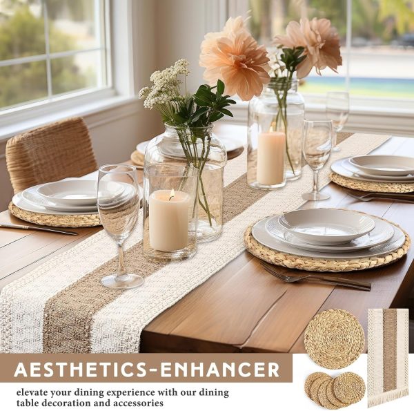 7 Pcs Boho Table Runner and Placemats Set Table Runner 11.8 Inch Round Woven Placemats, Braided Natural Water Hyacinth Place Mat Farmhouse Rustic Table Runner for Home Dining (12 x 72 Inch) - Image 4