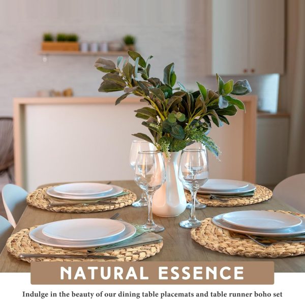 7 Pcs Boho Table Runner and Placemats Set Table Runner 11.8 Inch Round Woven Placemats, Braided Natural Water Hyacinth Place Mat Farmhouse Rustic Table Runner for Home Dining (12 x 72 Inch) - Image 5