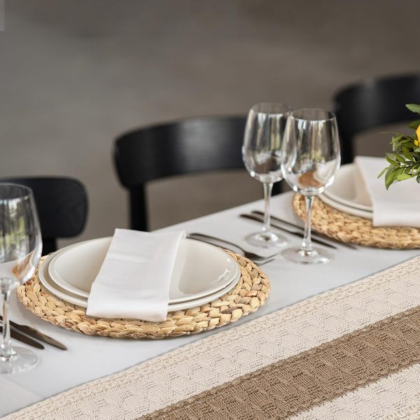 7 Pcs Boho Table Runner and Placemats Set Table Runner 11.8 Inch Round Woven Placemats, Braided Natural Water Hyacinth Place Mat Farmhouse Rustic Table Runner for Home Dining (12 x 72 Inch) - Image 7