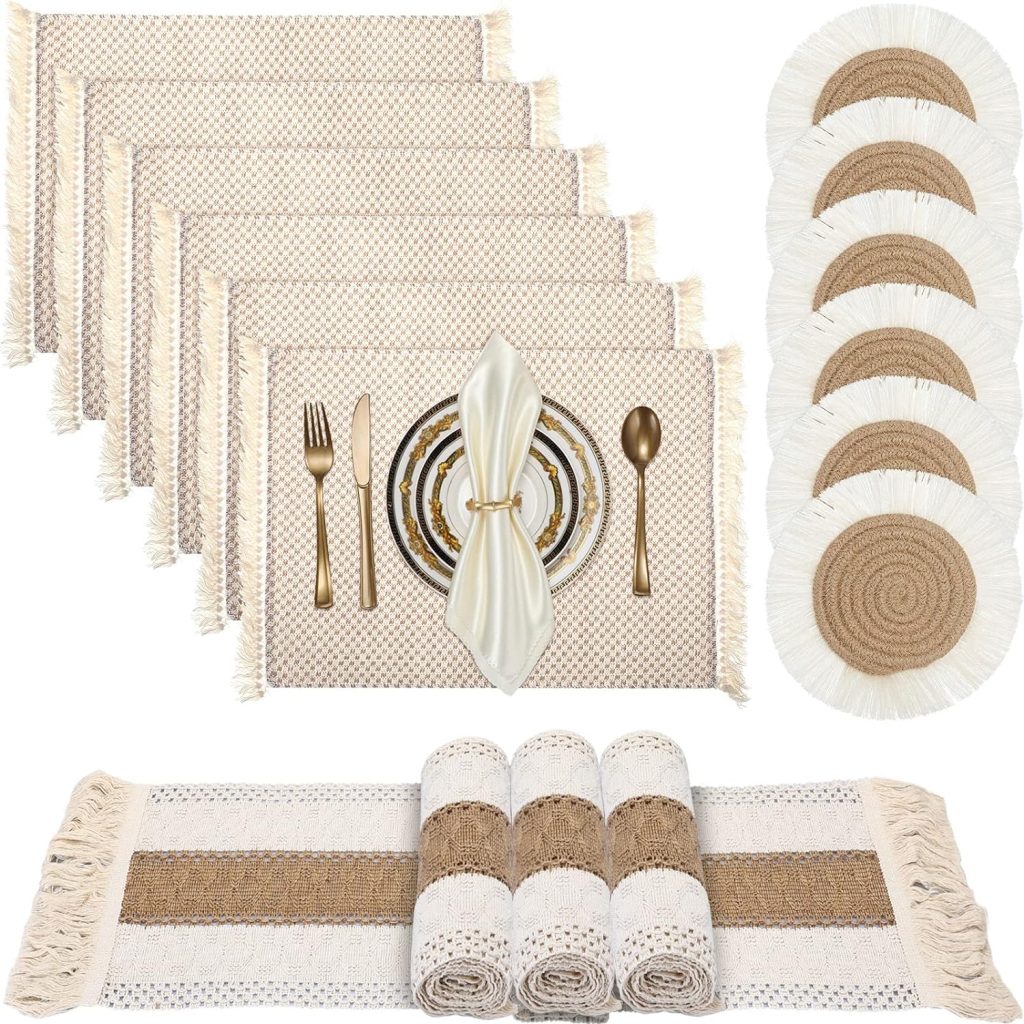 Boho Macrame Table Runner Placemat and Coaster Set of 13, Rustic Table Runner with Tassel Absorbent Boho Placemat Natrual Burlap Farmhouse Coaster for Drink Bohemian Dining Kitchen Desk Decor (Retro)