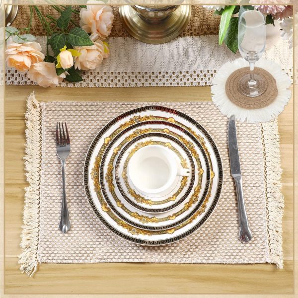 Boho Macrame Table Runner Placemat and Coaster Set of 13, Rustic Table Runner with Tassel Absorbent Boho Placemat Natrual Burlap Farmhouse Coaster for Drink Bohemian Dining Kitchen Desk Decor (Retro) - Image 4