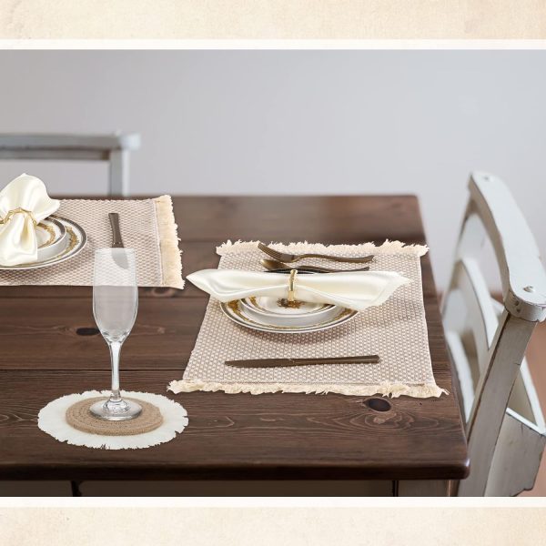 Boho Macrame Table Runner Placemat and Coaster Set of 13, Rustic Table Runner with Tassel Absorbent Boho Placemat Natrual Burlap Farmhouse Coaster for Drink Bohemian Dining Kitchen Desk Decor (Retro) - Image 5