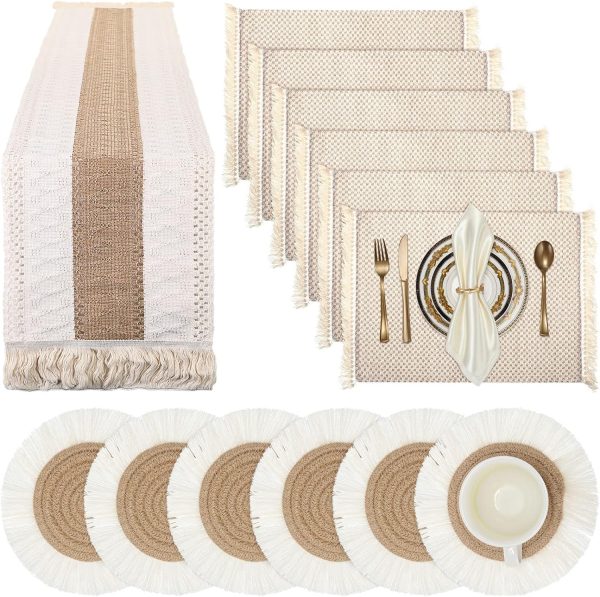Boho Macrame Table Runner Placemat and Coaster Set of 13, Rustic Table Runner with Tassel Absorbent Boho Placemat Natrual Burlap Farmhouse Coaster for Drink Bohemian Dining Kitchen Desk Decor (Retro) - Image 7