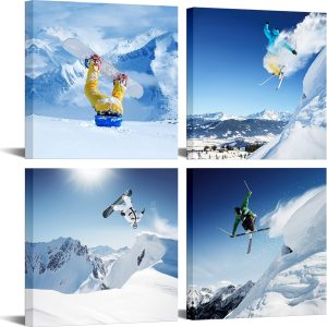 LevvArts Ski Sport Canvas Wall Art,Snow Mountain Landscape Picture Photo Canvas Print Wall Decal,Framed and Easy Hanging,Modern Home Decoration Canvas Art