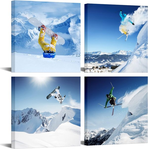 LevvArts Ski Sport Canvas Wall Art,Snow Mountain Landscape Picture Photo Canvas Print Wall Decal,Framed and Easy Hanging,Modern Home Decoration Canvas Art
