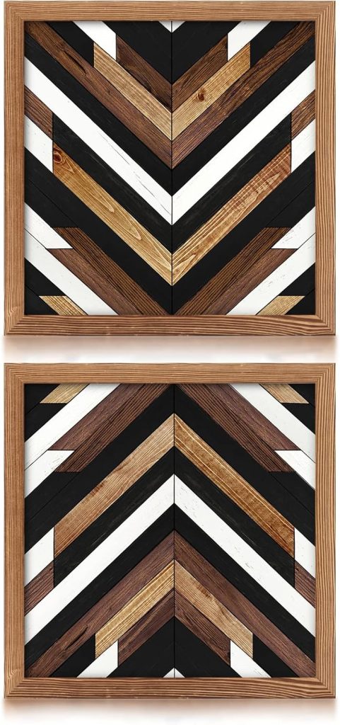 Loomarte Plank Canvas Wall Art Vintage Retro Painting Photo Wall Decals Rustic Black White and Brown Print Line Picture Wooden Frame Artwork for Bathroom Living Room Decor,12x12 Inch x 2pcs