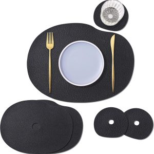 Modern Pebble Shape placemats - Brown Leather placemats and Coasters, Irregular Shape Design, 11 * 14.5 inch Round Table Runner, 4.6 * 5 inch Round Coasters (Black)