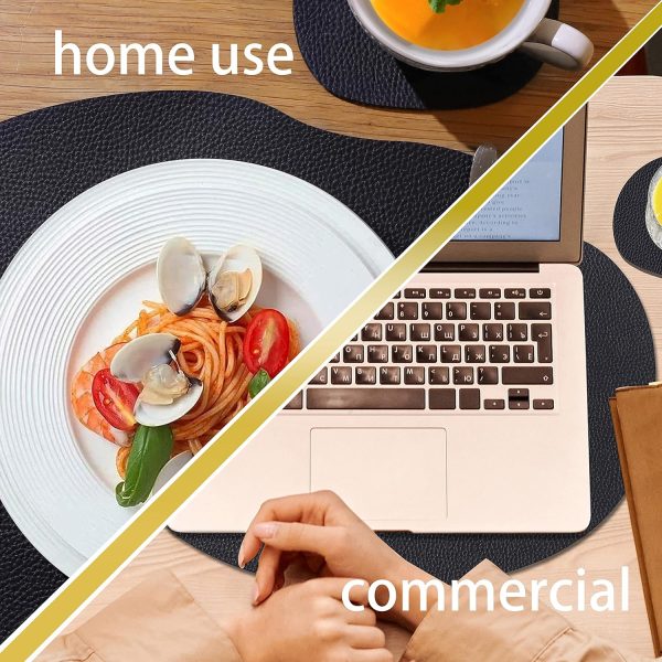 Modern Pebble Shape placemats - Brown Leather placemats and Coasters, Irregular Shape Design, 11 * 14.5 inch Round Table Runner, 4.6 * 5 inch Round Coasters (Black) - Image 3