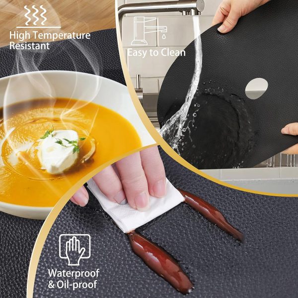 Modern Pebble Shape placemats - Brown Leather placemats and Coasters, Irregular Shape Design, 11 * 14.5 inch Round Table Runner, 4.6 * 5 inch Round Coasters (Black) - Image 5