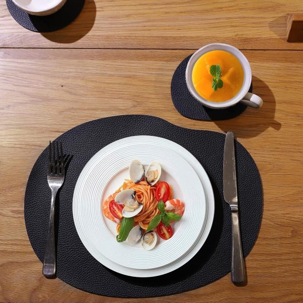 Modern Pebble Shape placemats - Brown Leather placemats and Coasters, Irregular Shape Design, 11 * 14.5 inch Round Table Runner, 4.6 * 5 inch Round Coasters (Black) - Image 6