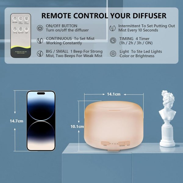 Oil Diffuser, 500ml Essential Oil Diffusers, Aromatherapy Diffuser with 2 Mist Mode 4 Timers＆7 Ambient Light Waterless Auto Off, Diffusers Large Room Home Office - Image 7