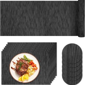 Placemats for Dining Table Set of 6 with Table Runner, Washable Heat Resistant Woven Vinyl Place Mat (12x18 inches, Black)