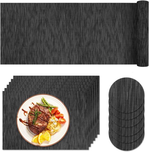 Placemats for Dining Table Set of 6 with Table Runner, Washable Heat Resistant Woven Vinyl Place Mat (12x18 inches, Black)