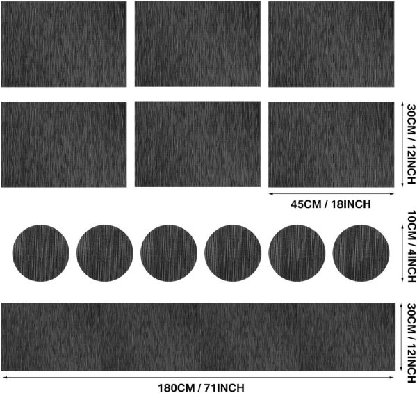 Placemats for Dining Table Set of 6 with Table Runner, Washable Heat Resistant Woven Vinyl Place Mat (12x18 inches, Black) - Image 2