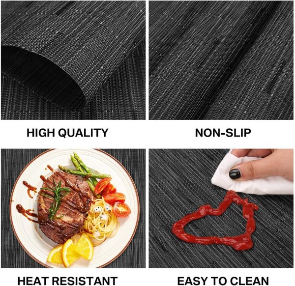 Placemats for Dining Table Set of 6 with Table Runner, Washable Heat Resistant Woven Vinyl Place Mat (12x18 inches, Black) - Image 4