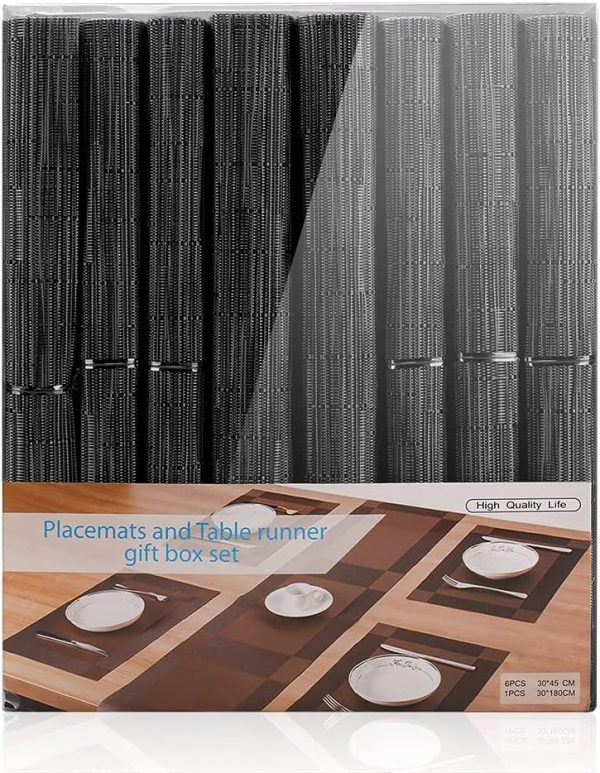 Placemats for Dining Table Set of 6 with Table Runner, Washable Heat Resistant Woven Vinyl Place Mat (12x18 inches, Black) - Image 7