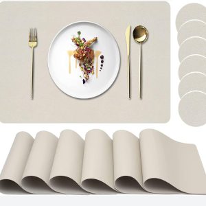 Placemats Set of 6, Faux Leather Place Mats with Coasters, Waterproof, Stain Resistant, Heat Resistant, Easy to Clean Table Mats for Dining Table and Decor (Set of 6, Rectangle Cream White)