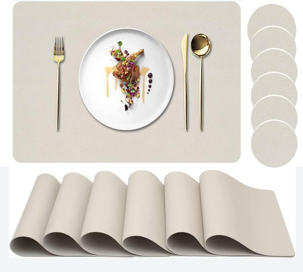 Placemats Set of 6, Faux Leather Place Mats with Coasters, Waterproof, Stain Resistant, Heat Resistant, Easy to Clean Table Mats for Dining Table and Decor (Set of 6, Rectangle Cream White)